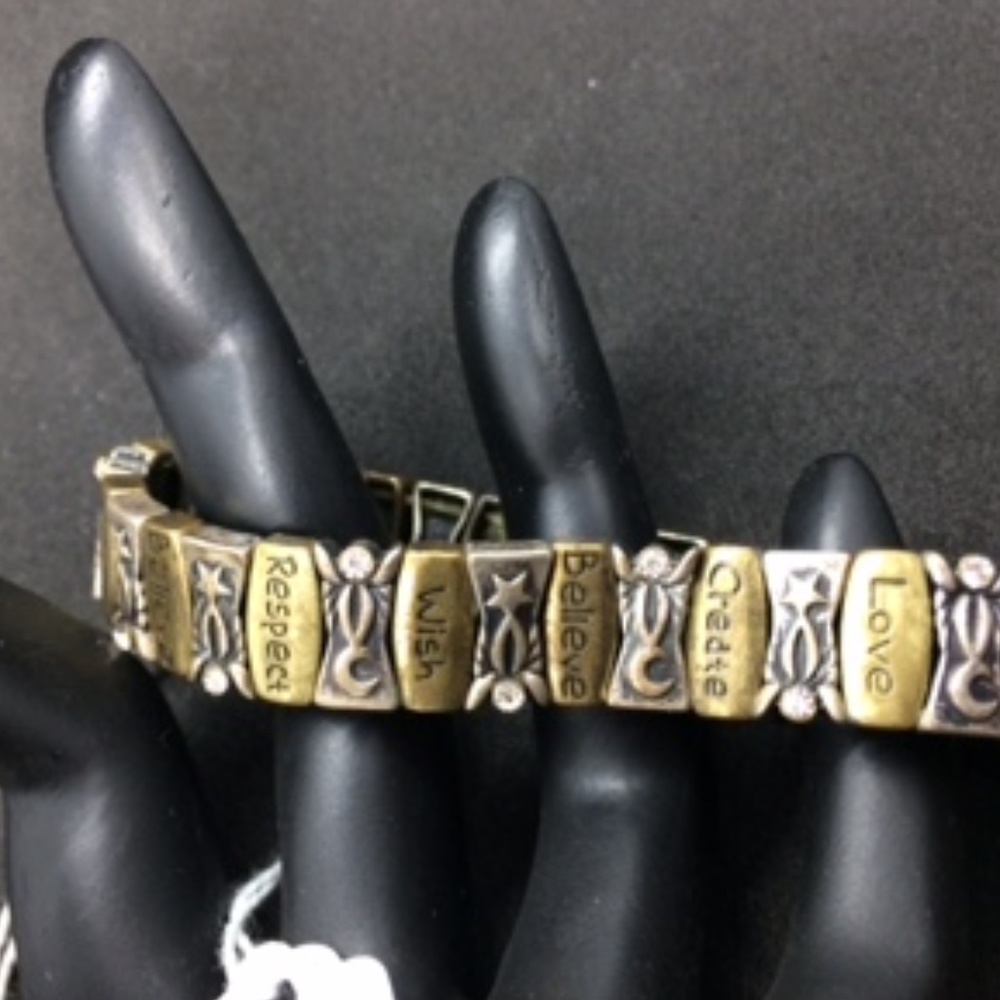 Inspirational two tone &crystals stretch bracelet